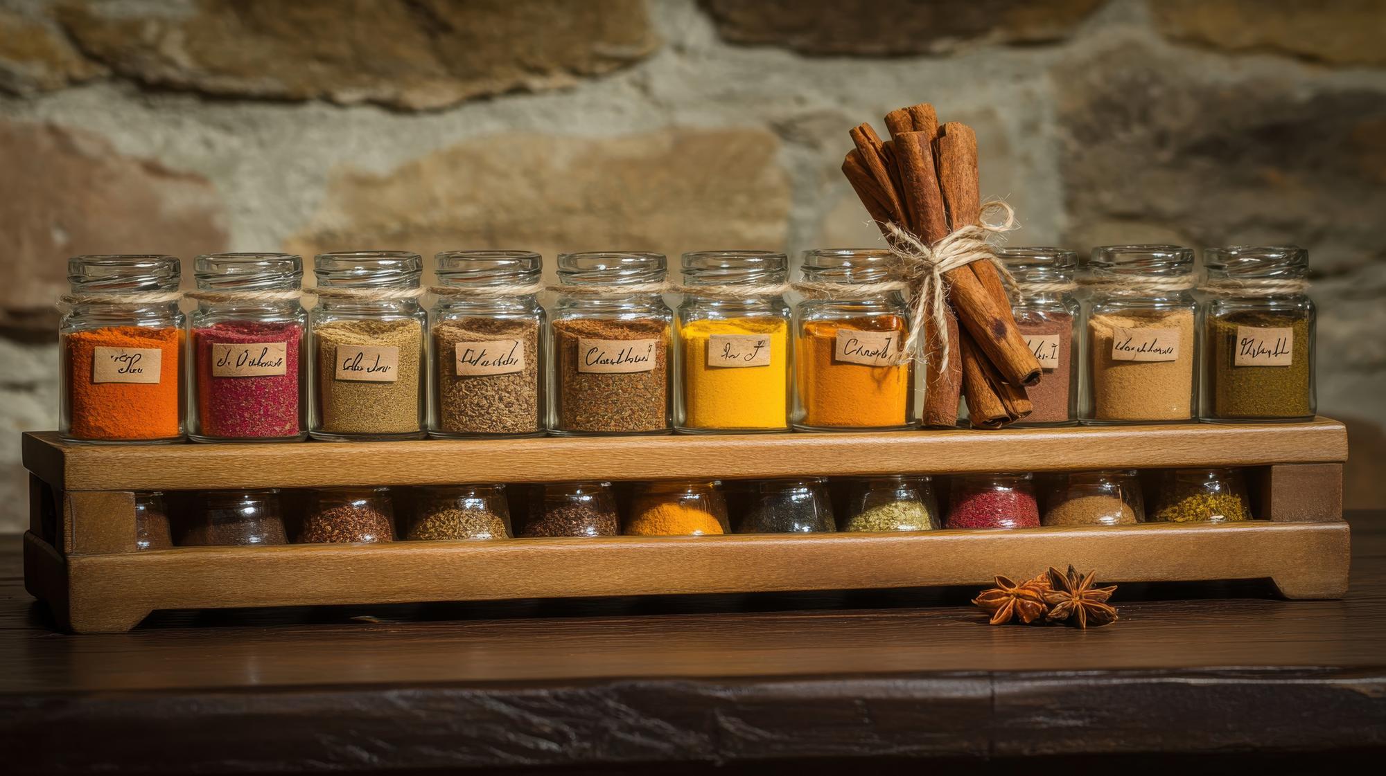 Rows of spice jars on wooden shelf